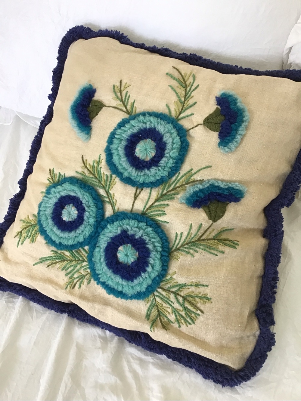 Vintage Handmade MCM Crewel Embroidered pillow